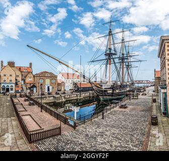 Si tratta dell'alta nave vittoriana a 3 alberi della Royal Navy Frigate Trincomalee del 1817 completamente restaurata presso il Royal Navy Museum di Hartlepool Foto Stock