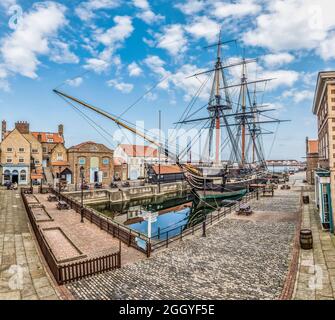 Si tratta dell'alta nave vittoriana a 3 alberi della Royal Navy Frigate Trincomalee del 1817 completamente restaurata presso il Royal Navy Museum di Hartlepool Foto Stock