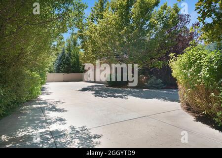 Grande cortile di una casa con vialetto in cemento nel mezzo di alberi e piante Foto Stock