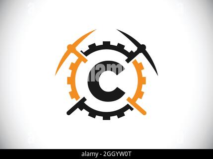 Lettera iniziale del monogramma C con piccone e segno dell'ingranaggio. Design del logo minerario. Moderno logo vettoriale per l'azienda mineraria e l'identità aziendale Illustrazione Vettoriale