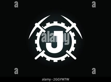 Lettera iniziale del monogramma J con piccone e segno dell'ingranaggio. Design del logo minerario. Moderno logo vettoriale per l'azienda mineraria e l'identità aziendale Illustrazione Vettoriale