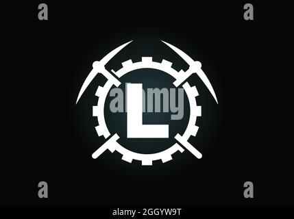 Lettera iniziale L monogramma con piccone e segno di marcia. Design del logo minerario. Moderno logo vettoriale per l'azienda mineraria e l'identità aziendale Illustrazione Vettoriale