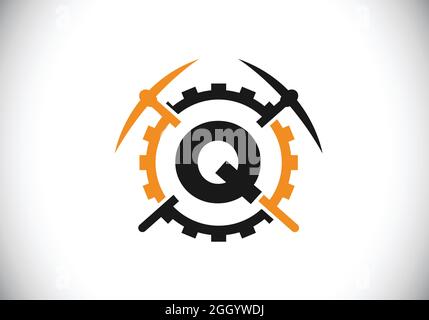 Lettera iniziale del monogramma Q con piccone e segno dell'ingranaggio. Design del logo minerario. Moderno logo vettoriale per l'azienda mineraria e l'identità aziendale Illustrazione Vettoriale