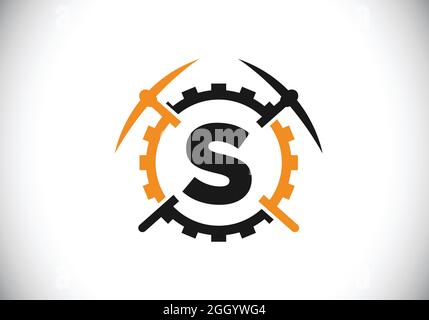 Lettera iniziale del monogramma S con piccone e segno dell'ingranaggio. Design del logo minerario. Moderno logo vettoriale per l'azienda mineraria e l'identità aziendale Illustrazione Vettoriale