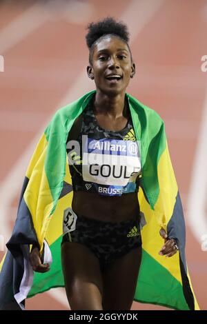 Bruxelles, Belgio. 3 settembre 2021. Natoya Goule della Giamaica reagisce dopo aver vinto la finale femminile di 800 m alla World Athletics Wanda Diamond League a Bruxelles, Belgio, 3 settembre 2021. Credit: Zheng Huansong/Xinhua/Alamy Live News Foto Stock