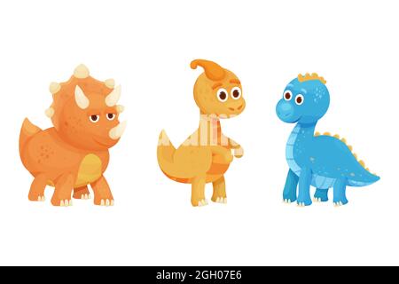 Set Dinosaur, animale bambino fantasia fossile animale in stile cartone animato isolato su sfondo bianco. Simpatico personaggio dinosauro, mostro divertente. Stampa, doccia per bambini. Illustrazione vettoriale Illustrazione Vettoriale