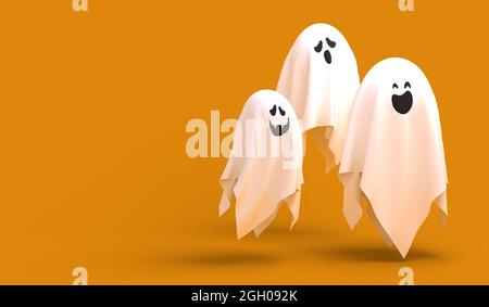 Tre fantasmi di Halloween su sfondo arancione, rendering 3d Foto Stock