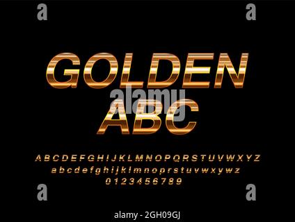 Vector segno lucido Golden ABC. Lettere, numeri e simboli dell'alfabeto dorato chic ruotato. Illustrazione Vettoriale