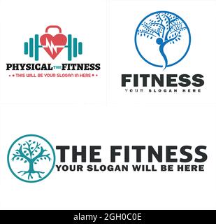 Fisico fitness barbell e figura umana disegno logo albero Illustrazione Vettoriale