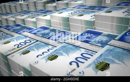 Illustrazione 3d del pacchetto di soldi del siclo israeliano. 200 pile di pacchetti di banconote NIS. Concetto di finanza, cassa, crisi economica, successo aziendale, recessione, banca Foto Stock