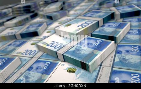 Illustrazione 3d del pacchetto di soldi del siclo israeliano. 200 pile di pacchetti di banconote NIS. Concetto di finanza, cassa, crisi economica, successo aziendale, recessione, banca Foto Stock