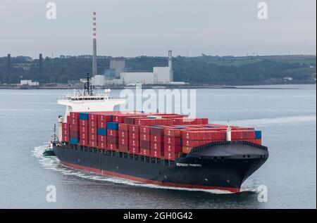 Cobh, Cork, Irlanda. 4 settembre 2021. Nave Container Independent Primero arriva a Cork Harbour per raccogliere un carico a Ringaskiddy per un viaggio in avanti verso Chester USA. - Foto; David Creedon Credit: David Creedon/Alamy Live News Foto Stock