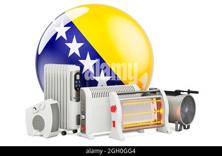 Bandiera bosniaca con dispositivi di riscaldamento. Produzione, commercio e servizio di convezione, ventilatore, olio-riempito, e riscaldatori a infrarossi in Bosnia ed Erzegovina. Foto Stock