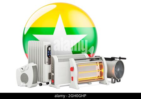 Bandiera Myanmar con dispositivi di riscaldamento. Produzione, commercio e servizio di convezione, ventilatore, petrolio-riempito, e riscaldatori a infrarossi in Myanmar. Il rendering 3D è Foto Stock