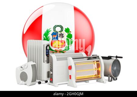 Bandiera peruviana con dispositivi di riscaldamento. Produzione, commercio e servizio di convezione, ventilatore, petrolio-riempito, e riscaldatori a infrarossi in Perù. Isol di rendering 3D Foto Stock