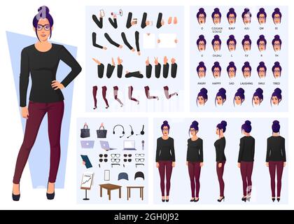 Fashion Woman character Design Set, fronte, lato, vista posteriore, pose, E gesti disegno piatto illustrazione Illustrazione Vettoriale