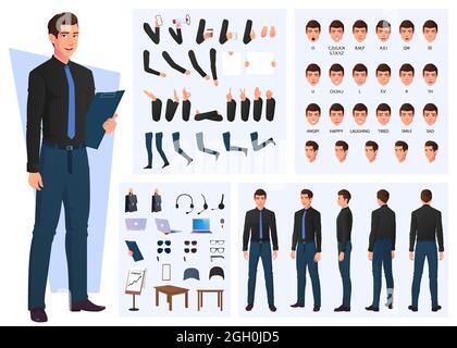 Set di creazione di personaggi di Business Man, sincronizzazione labbra e gesti delle mani Premium Vector. Illustrazione Vettoriale