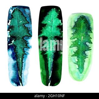 Il dente di leone lascia il timbro dell'acquerello. Illustrazione di acquerello delle foglie di pianta verdi nella forma delle macchie. Foto Stock