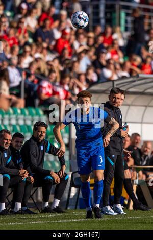 Gladsaxe, Danimarca. 3 settembre 2021. Marios Tsaousis (3) della Grecia visto durante la partita internazionale Under 21 amichevole tra la Danimarca e la Grecia nello stadio Gladsaxe a Gladsaxe, Danimarca. (Photo Credit: Gonzales Photo/Alamy Live News Foto Stock