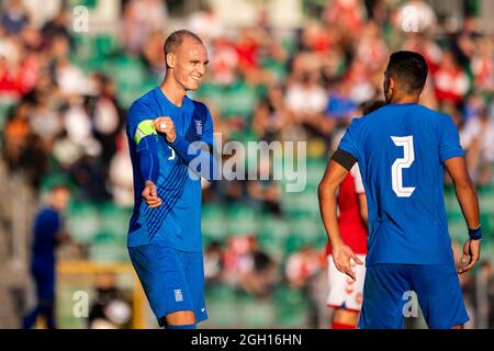 Gladsaxe, Danimarca. 3 settembre 2021. Apostolos Diamantis (5) della Grecia sorride durante la partita internazionale Under 21 amichevole tra Danimarca e Grecia nello stadio Gladsaxe di Gladsaxe, Danimarca. (Photo Credit: Gonzales Photo/Alamy Live News Foto Stock