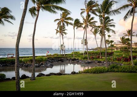 Il sole del mattino presto sorge lentamente sulle palme e sulla spiaggia di Poipu, Hawaii, sull'isola di Kauai. Foto Stock