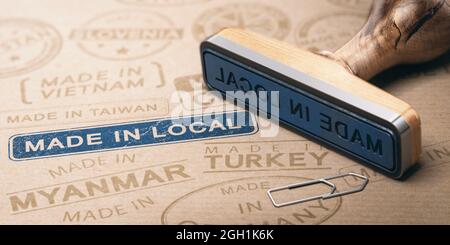 Prodotto in locale con il nome di altri paesi stampato su sfondo di carta marrone con timbro di gomma. Concetto di canali di distribuzione brevi. Illustrazione 3D. Foto Stock
