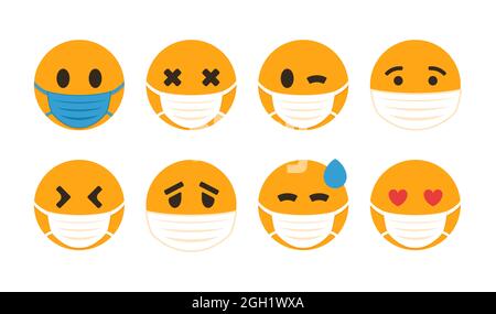 Emoji piatta con maschera facciale Set illustrazione vettoriale. Illustrazione Vettoriale