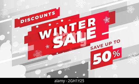 Offerta promozionale invernale. Modello rosso, bianco e grigio da utilizzare nel progetto come volantino, stampa o banner. Risparmia fino al 50%. Dinamica orizzontale Illustrazione Vettoriale