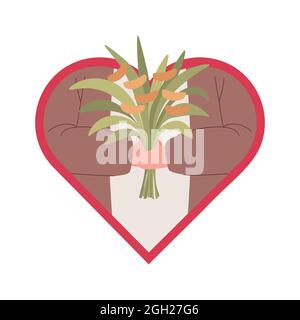 Mani di uomo che tiene bouquet di fiori vettore illustrazione piatta nel cuore cornice. Regalo per festa di compleanno, giornata internazionale delle donne l'8 marzo, o data romantica. Modello di progettazione del biglietto d'auguri. Illustrazione Vettoriale