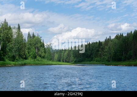 bellissimo paesaggio estivo fiume con rive boscose selvagge Foto Stock