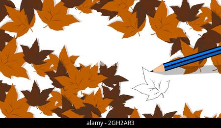 Disegno bianco e nero di foglie secche. Pittura, concetto d'arte. Corso, imparare a disegnare. Un poster moderno. Tavolozza dei colori seppia. AUTUNNO SFONDO................... Foto Stock