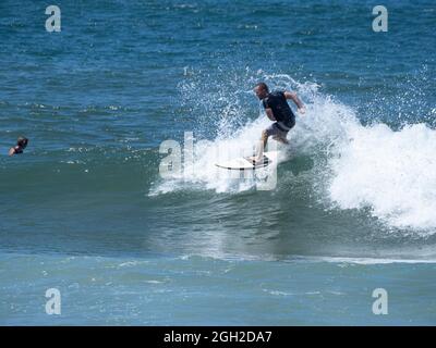 surfisti che prendono onde e si manovrano in mare in una limpida giornata estiva. Foto Stock