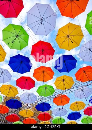 Ombrelloni a tema autunnale appendono sopra il vicolo del parco. Ombrelloni colorati appesi sopra gli alberi del parco Foto Stock