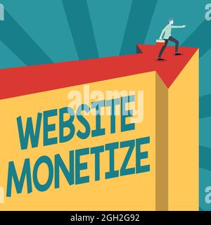 Scrittura a mano segno Monetizza sito web. Business approccio capacità generare un fatturato attraverso il tuo sito web o blog Man Illustrazione portare Suitcase su Foto Stock