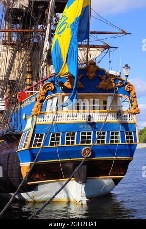 Stoccolma, Svezia - 30 agosto 2021: Stern view della nave a vela Goteborg (IMO 8646678) ha lanciato 2003, una replica a vela della svedese Foto Stock