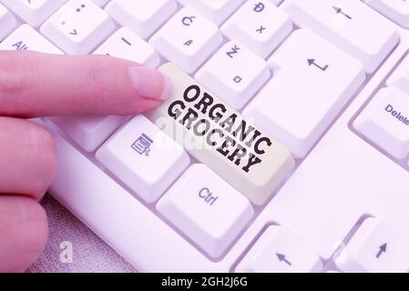 Didascalia concettuale Grocery organica. Parola per il mercato con alimenti coltivati senza l'uso di fertilizzanti trascrivere Internet Meeting Audio Record, New Foto Stock