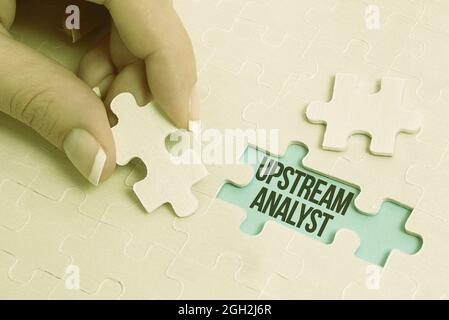 Analista a monte della didascalia concettuale. Strategie di advocacy di idea di business a sostegno di questioni ambientali costruire un modello bianco incompiuto Jigsaw Foto Stock