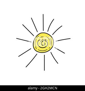 Schizzo del sole. Illustrazione vettoriale. Icona del doodle del sole. Semplice icona disegnata a mano su bianco Illustrazione Vettoriale