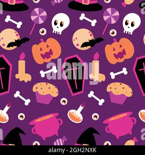 Motivo senza cuciture di Halloween su sfondo viola. Modello senza giunture Cartoon. Texture senza fine per un design festivo Illustrazione Vettoriale