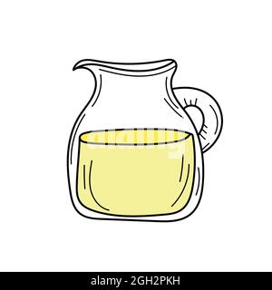 Limonata gialla in jag di vetro. Drink estivo fresco. Immagine disegnata a mano isolata su sfondo bianco. Disintossicazione e vita sana. Illustrazione Vettoriale