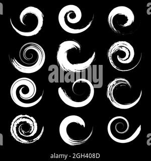 Set di pennellate bianche con grunge a spirale. Illustrazione vettoriale. Elementi di design alla moda per il surf icona, emblema, badge, logo, banner, tatuaggio Illustrazione Vettoriale