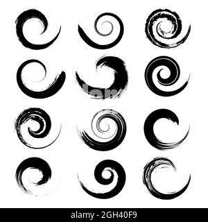 Set di pennellate con grunge a spirale nera. Illustrazione vettoriale. Elementi di design alla moda per il surf icona, emblema, badge, logo, banner, tatuaggio Illustrazione Vettoriale