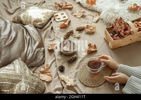 Home composizione autunnale con le mani femminili e una tazza di tè a letto, tra coni di pino e foglie autunnali. Foto Stock