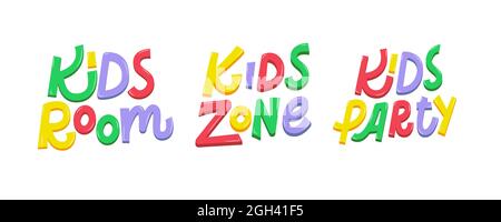 Set di testo per l'intrattenimento nella zona dei bambini. Caratteri vettoriali per bambini, stanza, zona e festa in stile cartone animato Illustrazione Vettoriale