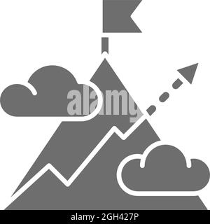 Montagna con freccia, monte, collina, obiettivo, icona grigia obiettivo. Illustrazione Vettoriale