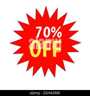 Offerta speciale 70% vendita tag Red STAR per le vendite e la promozione isolato 3d. Icona di sconto o adesivo giallo e bianco. Pubblicità commerciale Foto Stock