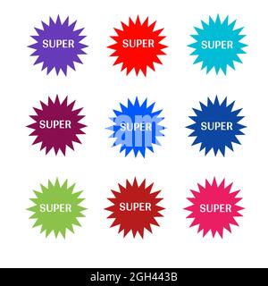 Super adesivi colorati stella e lettere bianche icona 3d Foto Stock