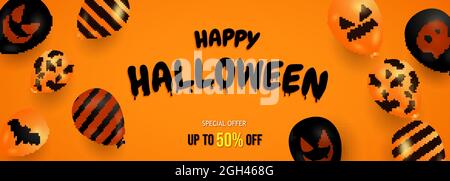 Banner promozionale Halloween con palloncini fantasma di Halloween su sfondo arancione. Illustrazione vettoriale Illustrazione Vettoriale