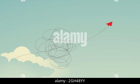 Concetto di viaggio percorso aereo in linea tratteggiata, percorso aereo in carta rossa Illustrazione Vettoriale