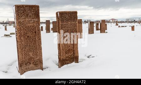 Tombe di Seljuk Dettagli dal cimitero storico dei Turchi di Selcuk in Ahlat, Bitlis, Turchia. Monumenti lapidei soldati islamici Seljuks che morì nel Th Foto Stock